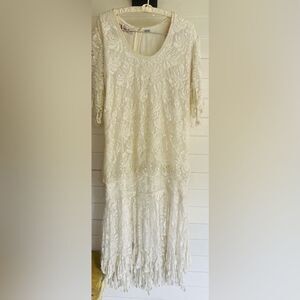 Laurence Kazar 80's White Lace Heavily Beaded Pearl Wedding Dress Sz M Flapper